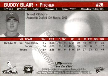 2004 MultiAd Palm Beach Cardinals #4 Buddy Blair Back
