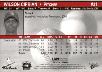 2004 MultiAd Palm Beach Cardinals #7 Wilson Ciprian Back