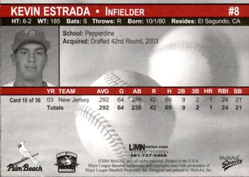 2004 MultiAd Palm Beach Cardinals #10 Kevin Estrada Back