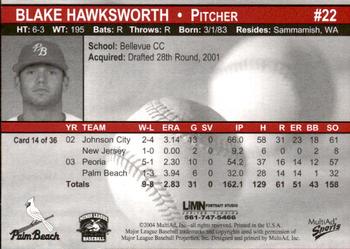 2004 MultiAd Palm Beach Cardinals #14 Blake Hawksworth Back