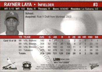 2004 MultiAd Palm Beach Cardinals #15 Rayner Laya Back
