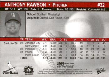 2004 MultiAd Palm Beach Cardinals #19 Anthony Rawson Back