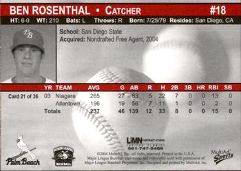 2004 MultiAd Palm Beach Cardinals #21 Ben Rosenthal Back