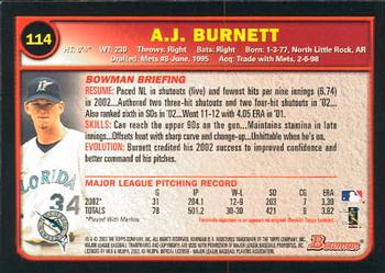 2003 Bowman #114 A.J. Burnett Back