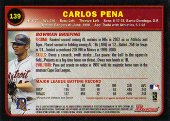 2003 Bowman #139 Carlos Pena Back