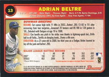 2003 Bowman #13 Adrian Beltre Back