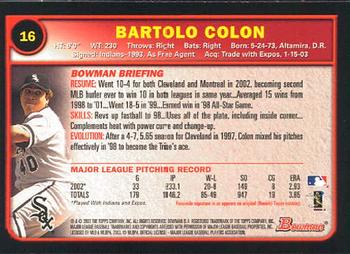 2003 Bowman #16 Bartolo Colon Back
