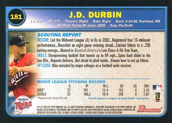 2003 Bowman #181 J.D. Durbin Back