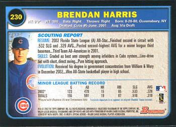 2003 Bowman #230 Brendan Harris Back