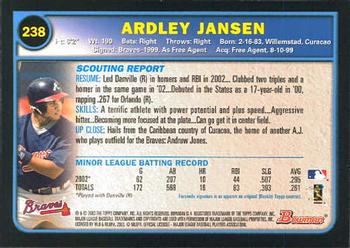 2003 Bowman #238 Ardley Jansen Back