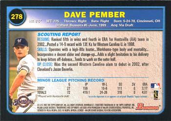 2003 Bowman #278 Dave Pember Back