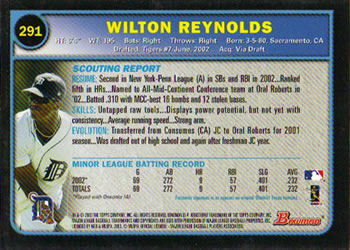 2003 Bowman #291 Wilton Reynolds Back