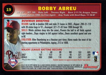 2003 Bowman #19 Bobby Abreu Back