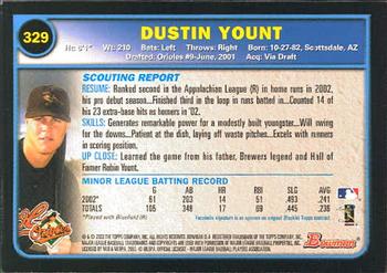 2003 Bowman #329 Dustin Yount Back
