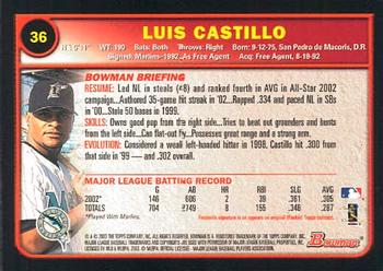2003 Bowman #36 Luis Castillo Back