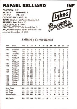 1993 Lykes Atlanta Braves #NNO Rafael Belliard Back