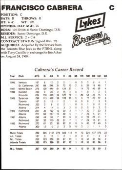 1993 Lykes Atlanta Braves #NNO Francisco Cabrera Back