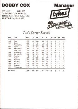 1993 Lykes Atlanta Braves #NNO Bobby Cox Back