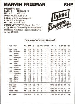 1993 Lykes Atlanta Braves #NNO Marvin Freeman Back
