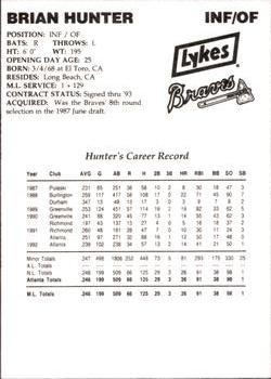 1993 Lykes Atlanta Braves #NNO Brian Hunter Back