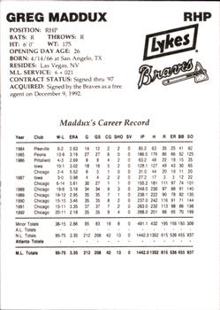 1993 Lykes Atlanta Braves #NNO Greg Maddux Back