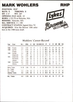 1993 Lykes Atlanta Braves #NNO Mark Wohlers Back