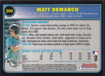 2003 Bowman Chrome #206 Matt DeMarco Back