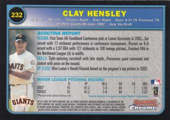 2003 Bowman Chrome #232 Clay Hensley Back