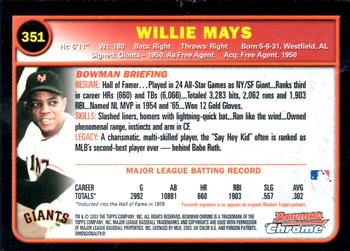 2003 Bowman Chrome #351 Willie Mays Back