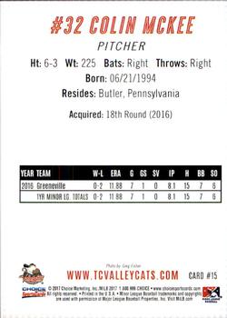 2017 Choice Tri-City ValleyCats #15 Colin McKee Back