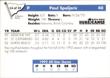 1993 Play II South Atlantic League All-Stars - Collector Series #14 Paul Spoljaric Back