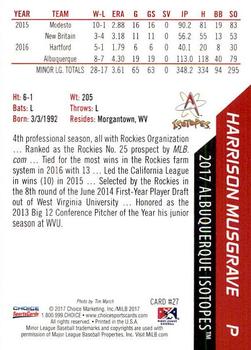 2017 Choice Albuquerque Isotopes #27 Harrison Musgrave Back