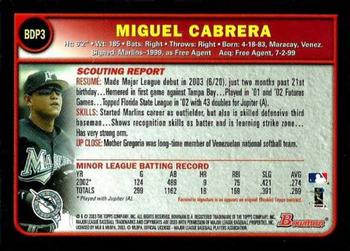 2003 Bowman Draft Picks & Prospects - Chrome #BDP3 Miguel Cabrera Back