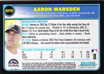 2003 Bowman Draft Picks & Prospects - Chrome #BDP58 Aaron Marsden Back