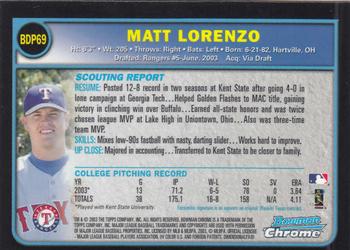 2003 Bowman Draft Picks & Prospects - Chrome #BDP69 Matt Lorenzo Back