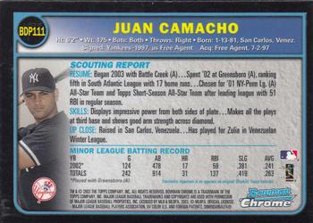 2003 Bowman Draft Picks & Prospects - Chrome #BDP111 Juan Camacho Back
