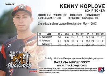 2017 Choice Batavia Muckdogs #29 Kenny Koplove Back