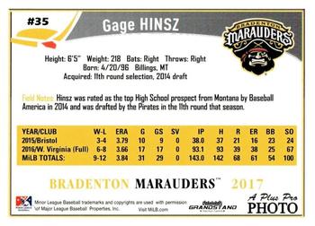 2017 Grandstand Bradenton Marauders #NNO Gage Hinsz Back
