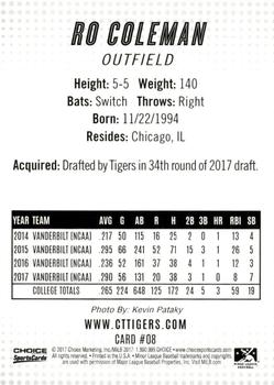 2017 Choice Connecticut Tigers #08 Ro Coleman Back