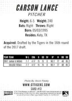 2017 Choice Connecticut Tigers #13 Carson Lance Back