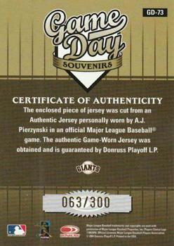 2004 Donruss Studio - Game Day Souvenirs Number #GD-73 A.J. Pierzynski Back