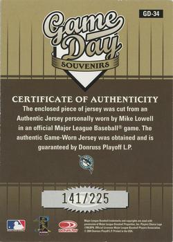 2004 Donruss Studio - Game Day Souvenirs Position #GD-34 Mike Lowell Back