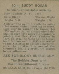 1948 Bowman #10 Buddy Rosar Back