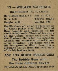 1948 Bowman #13 Willard Marshall Back