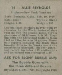 1948 Bowman #14 Allie Reynolds Back