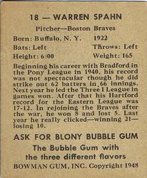 1948 Bowman #18 Warren Spahn Back