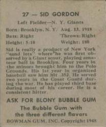 1948 Bowman #27 Sid Gordon Back