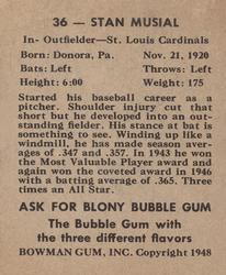 1948 Bowman #36 Stan Musial Back