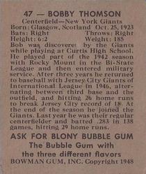 1948 Bowman #47 Bobby Thomson Back