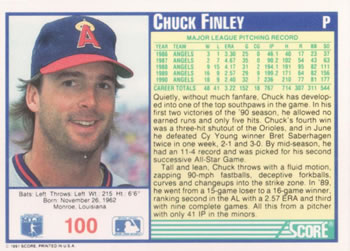 1991 Score #100 Chuck Finley Back